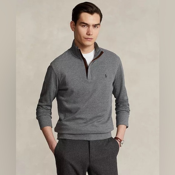 Polo Ralph Lauren Double-Knit Jersey Grey Quarter Zip Pullover Top Size Large - Picture 1 of 14